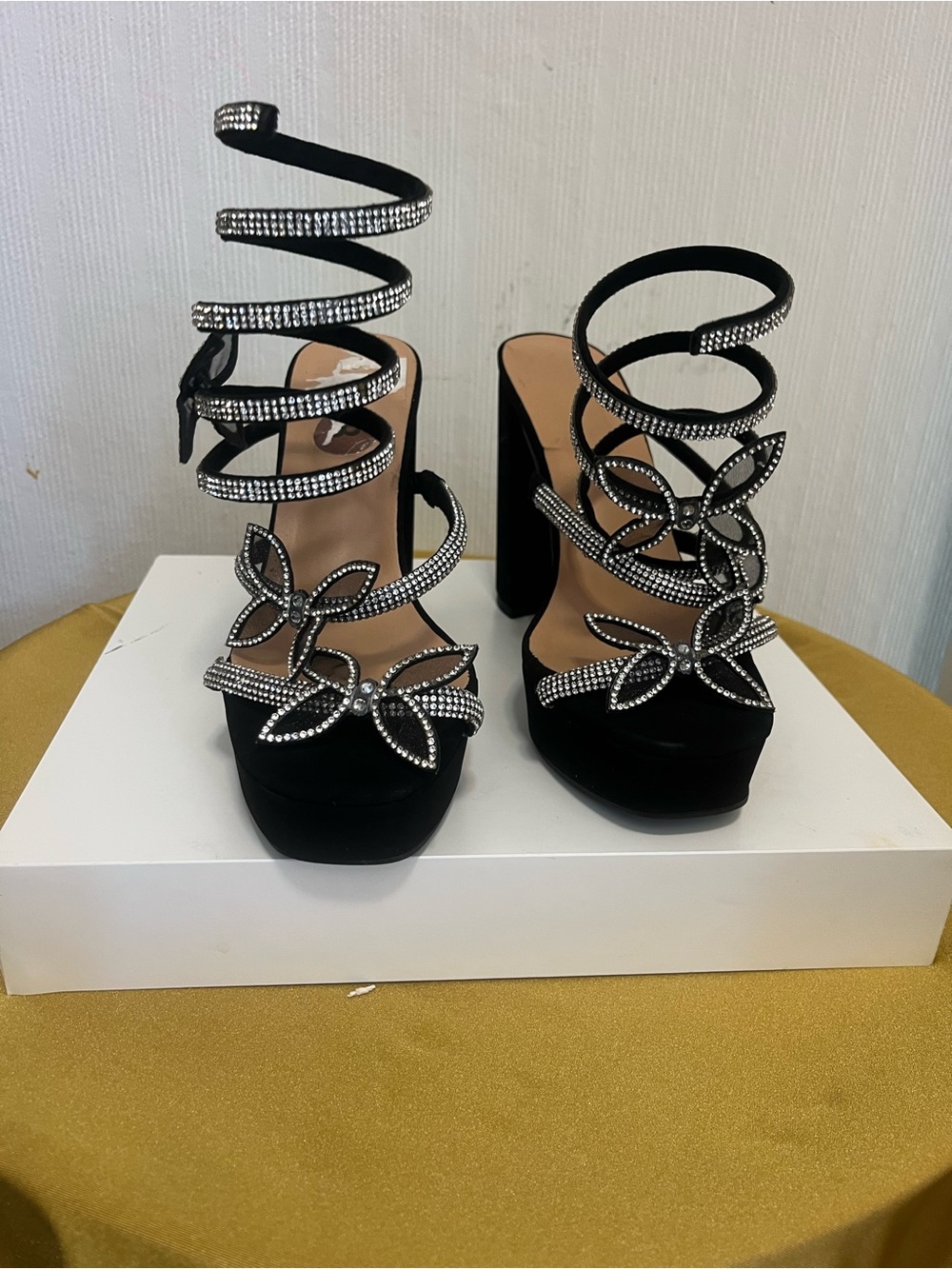 Crystal-Embellished Black Platform Spiral Strap Sandals